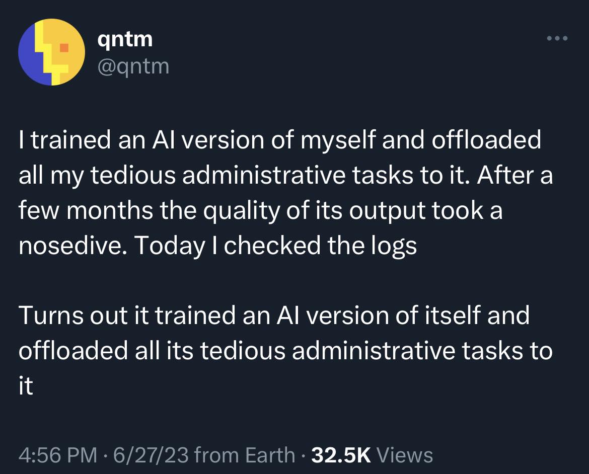 This meme is a humorous take on the challenges of training AI models. The text describes a scenario where an AI is trained on its own output, with the AI eventually becoming self-aware and critical of its own mistakes. The text pokes fun at the idea of an AI being able to criticize its own errors, with the phrase "I trained an AI version of myself" implying a sense of self-awareness and irony.